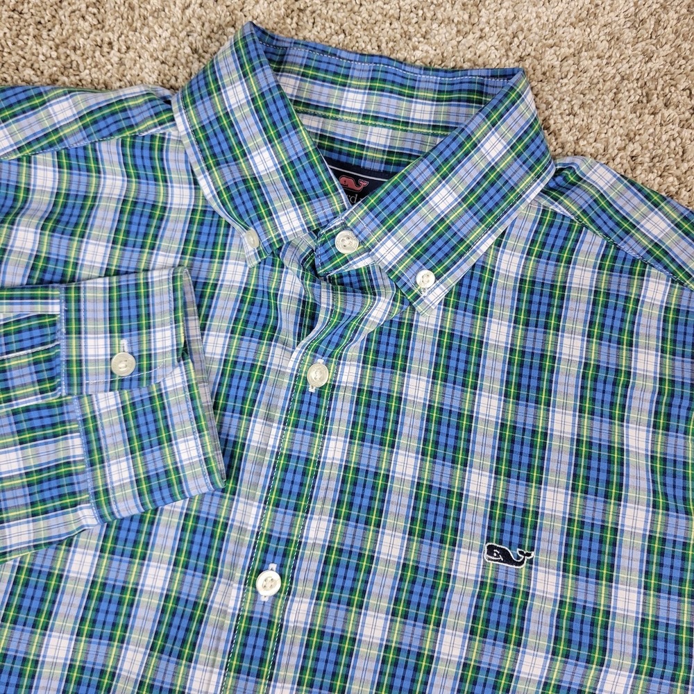 Vineyard Vines Whale Shirt Mens Medium Blue White Plaid Button Down Long Sleeve